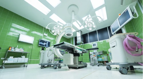 green tinted operating room in a hospital
